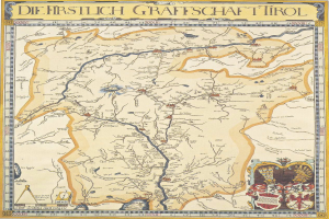 Ein detaillierter Plan der ersten deutschen Grafschaft Tirol mit geografischen Elementen wie Flüssen, Bergen und Städten sowie begleitendem Text und Bildern.