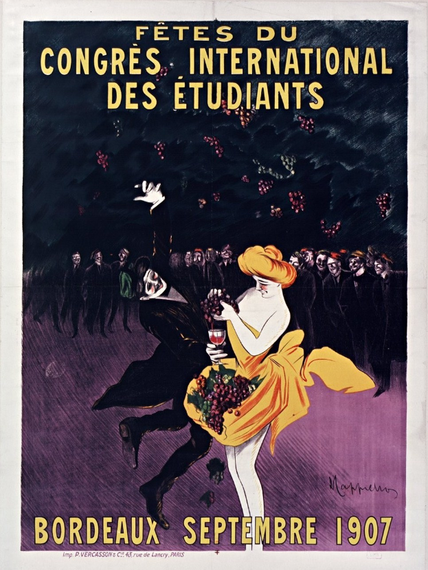 Plakat für eine Weinprobe in Bordeaux im Jahr 1907 mit einer Frau in gelbem Kleid, die ein Weinglas hält, umgeben von einer Menge, mit Veranstaltungstexten.