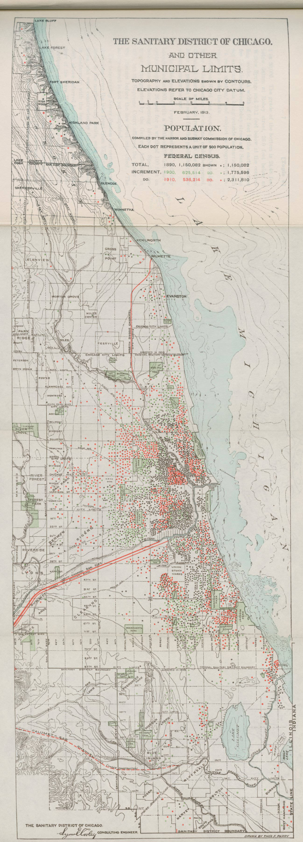 Ein altes Stadtplan von Chicago, mit Text, der die städtischen Grenzen beschreibt.