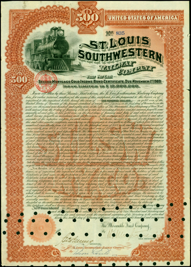 Altes Aktienzertifikat der St. Louis Southern Railway Company mit einer Abbildung eines Zugs und gedruckten Unternehmensdetails.