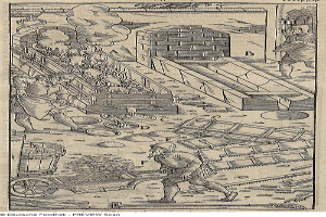 Schwarz-weißes Gravur von einem Mann, der eine Karre mit Kohle in einer Fabrik schiebt, mit Rauch, der aus einem Schornstein aufsteigt und verstreuten Gegenständen im Hintergrund.