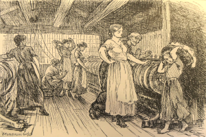 Eine Zeichnung von einer Gruppe von Frauen, die in einer Fabrik arbeiten, einige stehen, andere sitzen auf dem Boden, mit Text unten.