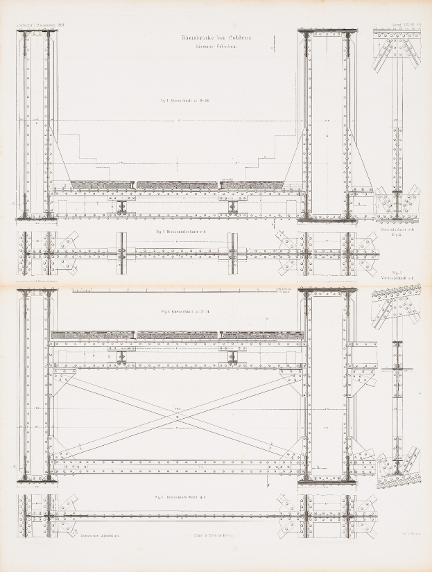 Ein detaillierter Bauplan für eine Brücke, der Balken, Seile und andere strukturelle Komponenten zeigt, mit begleitendem Text.
