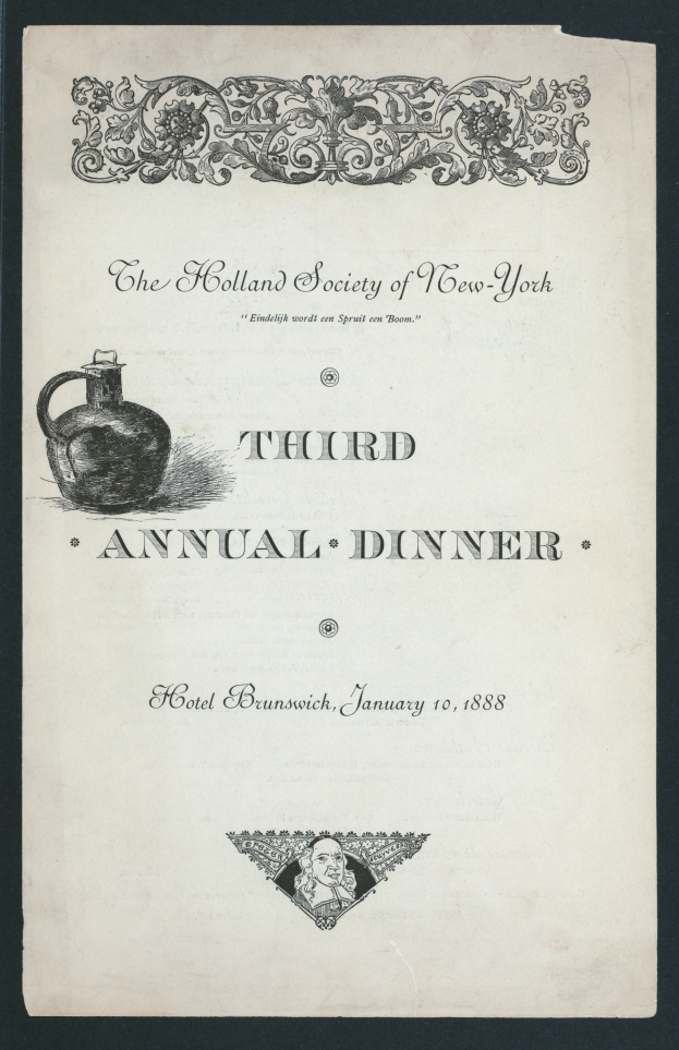 Ein altes Buchcover mit einem ernsten Mann im Anzug und Krawatte, mit der Aufschrift "The Holland Society of New York Third Annual Dinner."