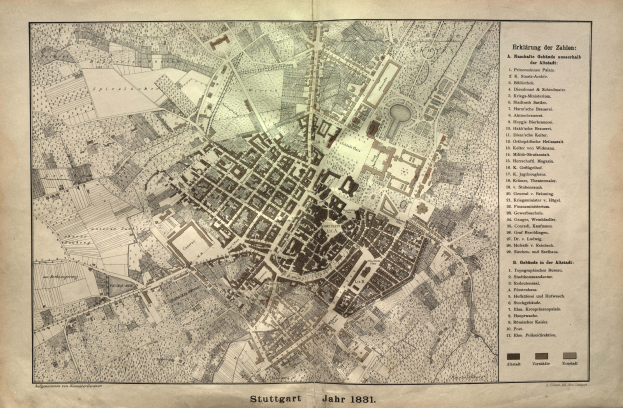 Ein detaillierter Stadtplan von Stuttgart, Deutschland aus dem Jahr 1881 mit Text und umfassender Gebietsübersicht.