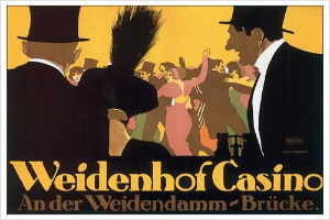 Ein Plakat bewirbt das Weidenhof Casino in Brücke, Deutschland, mit einer lebendigen Illustration von tanzenden und feiernden Menschen und der Aufschrift "Weidenhof" in fetter Schrift oben, eingerahmt von einem schwarzen Rand.