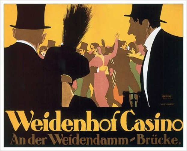 Ein Plakat bewirbt das Weidenhof Casino in Brücke, Deutschland, mit einer lebendigen Illustration von tanzenden und feiernden Menschen und der Aufschrift "Weidenhof" in fetter Schrift oben, eingerahmt von einem schwarzen Rand.