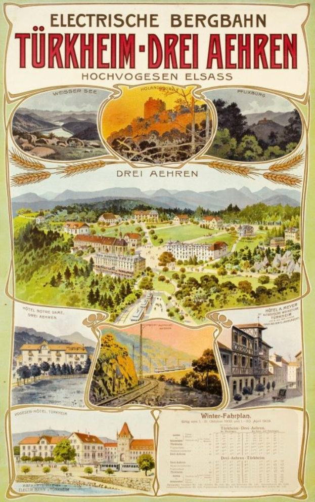 Plakat, das Bergbahn, Deutschland als eine elektrische Stadt bewirbt, mit Bildern von Gebäuden, Bäumen, Hügeln und beschreibendem Text.