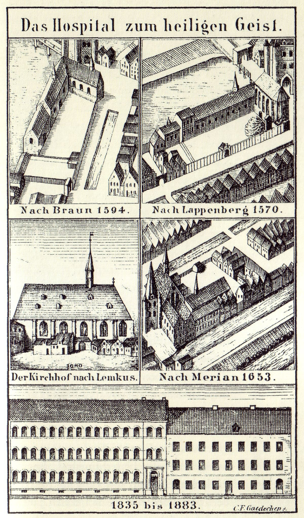 Eine detaillierte Plakatillustration eines deutschen Krankenhauses mit mehreren Gebäuden, die Fenster, Türen und Balkone zeigen, begleitet von Text, der die Größe, den Standort und weitere Merkmale des Krankenhauses beschreibt.