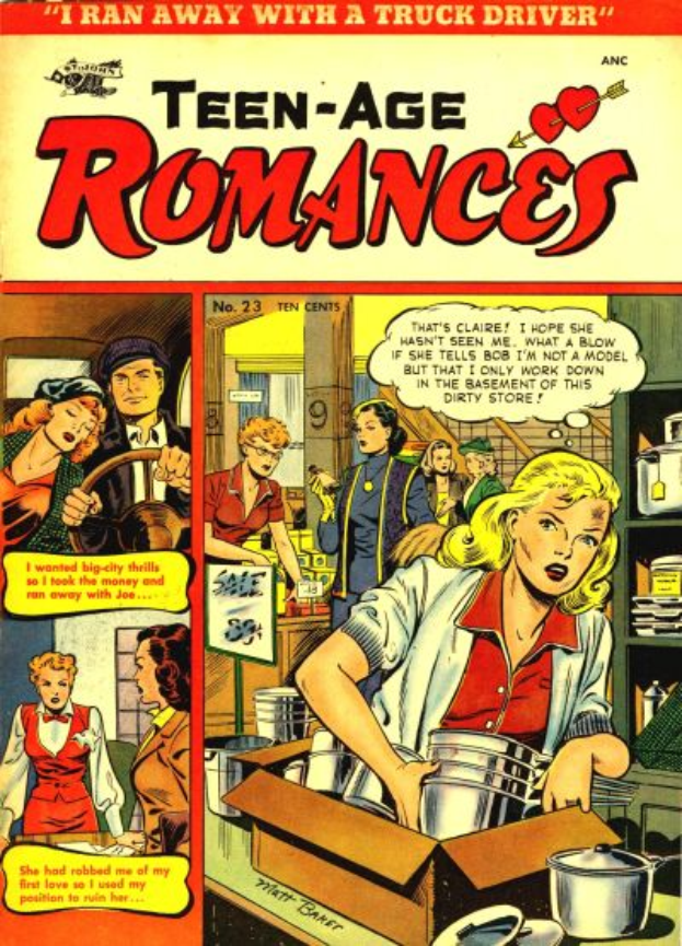 Ein Plakat mit einer Gruppe strahlender Menschen in einer romantischen Umarmung, mit der Aufschrift "Teen-Age Romances 23-A by DC" in fetter Schrift oben.