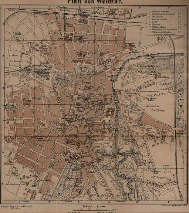 Ein detaillierter alter Stadtplan von Weimar, Deutschland, der Straßen, Gebäude und Sehenswürdigkeiten zeigt, mit Text oben und unten.