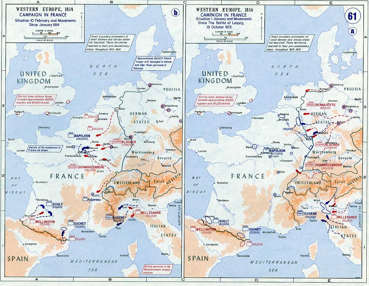 Eine historische Karte von Europa während der Schlacht von Leipzig, unterteilt in Regionen mit beschrifteten Städten und geografischen Merkmalen, begleitet von erklärendem Text.
