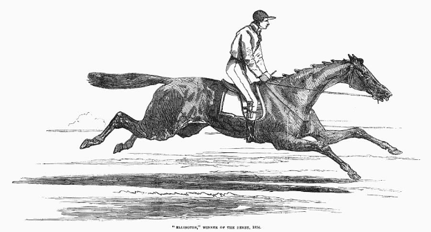 Eine Schwarz-Weiß-Zeichnung eines Jockeys in Hut und langem Mantel auf einem galoppierenden Pferd, mit der Aufschrift "Sieger des Derby 1886" unten.