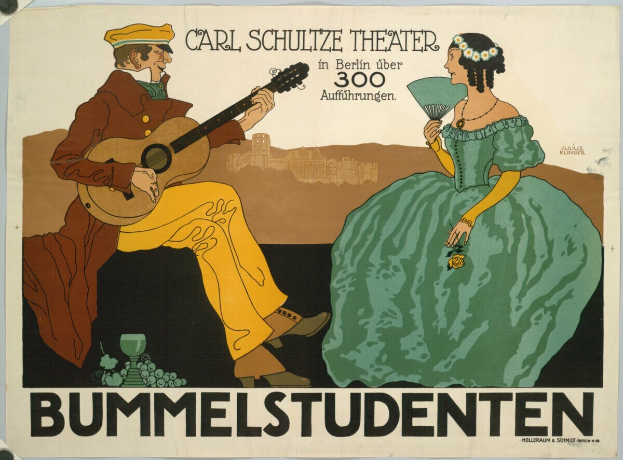 Ein Plakat, das ein Konzert im Carl-Schulze-Theater in Berlin ankündigt, zeigt einen Mann mit einer Gitarre und eine Frau mit einem Fächer, sowie Text auf dem Plakat.