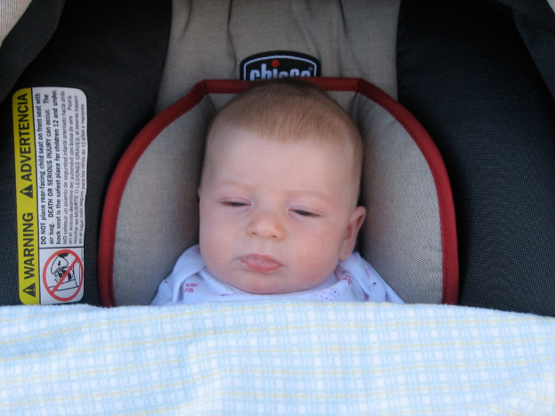 Ein Baby unter einer Babyschale mit einem Warnaufkleber auf der linken Seite.