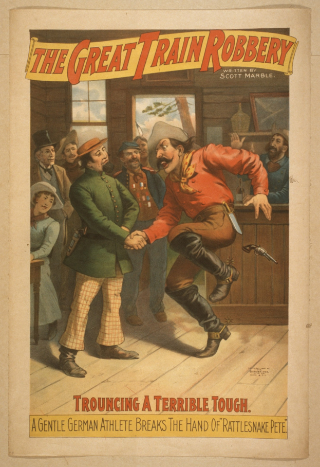 Plakat zeigt eine Gruppe von Menschen auf einem Boden mit einem, der eine Waffe hält, ein Fenster und eine Wand im Hintergrund und Text, der "The Great Train Robbery - Trouching a Terrible Tough" oben und unten liest.