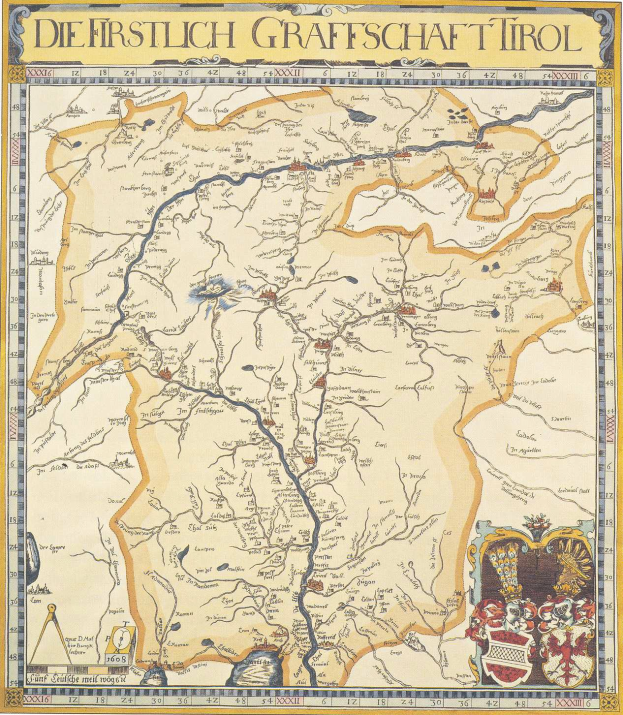 Ein detailliertes Kartenbild der ersten deutschen Grafschaft Tirol mit geographischen Elementen wie Flüssen, Bergen und Städten, begleitet von informativen Texten und Bildern.