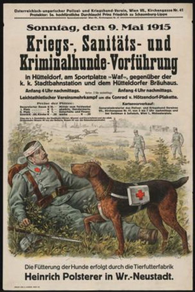 Ein altes deutsches Plakat mit einem Mann in militärischer Uniform, der ein Gewehr hält, und einem Hund davor, der nach oben schaut, sowie einem Text, der die Szene beschreibt.