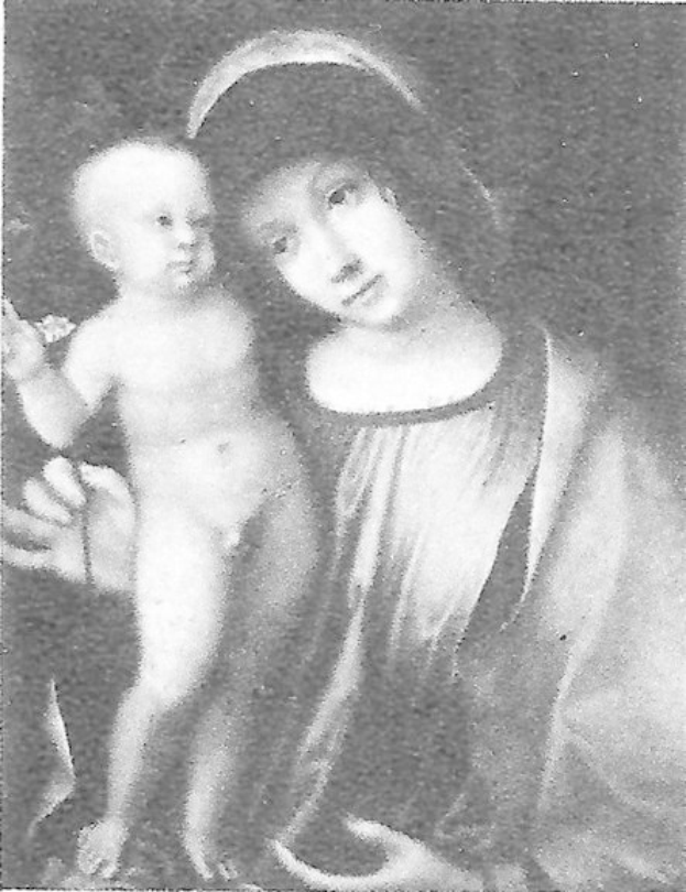 Ein Schwarz-Weiß-Foto einer Frau in einem langen, wallenden Kleid, die ein Baby hält, mit dem Text 'Madonna und Kind' unten.