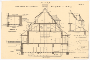 Ein detailliertes Bild des ersten Hauses in Deutschland, das ein Haus mit zahlreichen Fenstern und einem Dach zeigt, begleitet von umfassenden Plänen und Texten, die den Aufbau beschreiben.