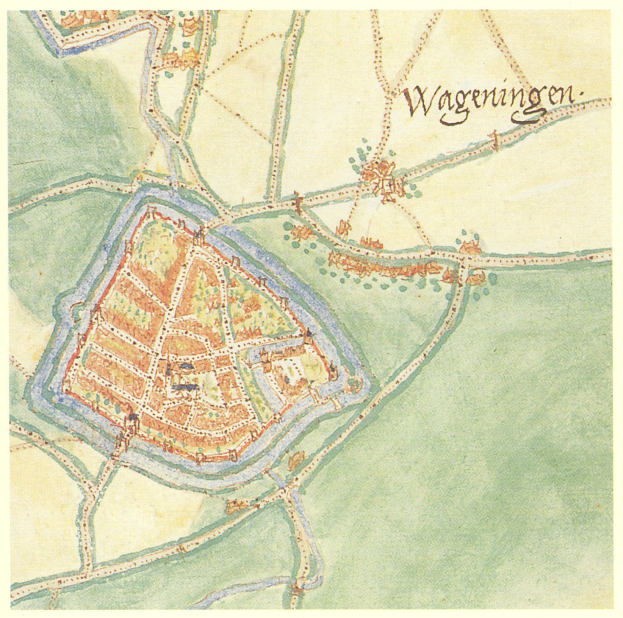 Detailierte Stadtplan-Poster von Wageningen, Deutschland, mit Straßen, Gebäuden und Sehenswürdigkeiten mit beschrifteten Texten.