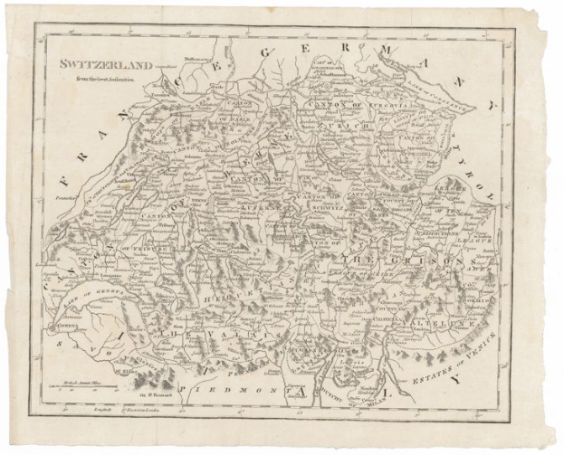 Ein altes Kartenbild von der Schweiz und Deutschland, detailliert mit geografischen Merkmalen wie Flüssen, Bergen und Städten, mit Text in einer klassischen Schriftart.