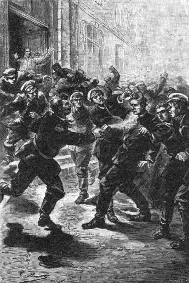 A black and white illustration of men fighting in the street during Victorian riots in London, England, with a building in the background.