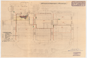 Schwarzes und weißes architektonisches Zeichnung von Rosenhof-Krankenhaus in Hamburg, Deutschland, zeigt detailliertes Layout mit zahlreichen Drähten und beschrifteten Räumen, Fluren und Merkmalen auf altem Papier.