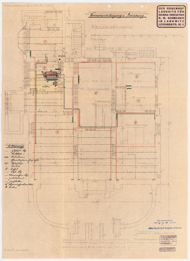 Schwarzes und weißes architektonisches Zeichnung von Rosenhof-Krankenhaus in Hamburg, Deutschland, zeigt detailliertes Layout mit zahlreichen Drähten und beschrifteten Räumen, Fluren und Merkmalen auf altem Papier.