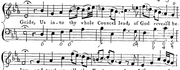 Ein Notenblatt mit den Textzeilen "Führe uns in deinen whole council, von Gott offenbart" und musikalischer Notation.