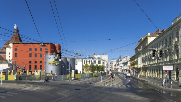 Eine Stadtstraße mit Gebäuden, Straßeninfrastruktur, Kraftfahrzeugen, Fußgängern, Bäumen und Himmel.