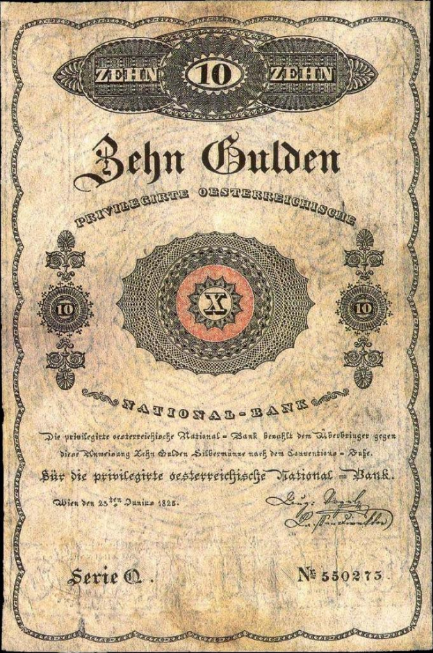 Eine alte deutsche Banknote mit schwarzem Hintergrund, die das Porträt eines Mannes, den Text 'Nationalbank von Deutschland' und ein Logo am unteren Rand zeigt.