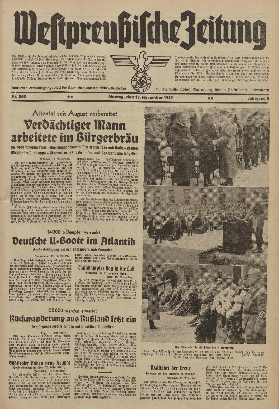 Schwarze-weiße Titelseite einer deutschen Zeitung vom 13. November 1939, betitelt "Weitpreubliche Zeitung", zeigt eine Gruppe von Menschen in traditioneller deutscher Tracht in einer feierlichen Umgebung.