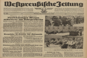 Schwarze-weiße Titelseite einer deutschen Zeitung vom 13. November 1939, betitelt "Weitpreubliche Zeitung", zeigt eine Gruppe von Menschen in traditioneller deutscher Tracht in einer feierlichen Umgebung.