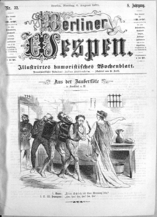 Eine schwarz-weiße Zeitung mit der Überschrift "Berliner Wespn, 6. August 1875" zeigt eine Zeichnung einer Gruppe von Menschen in Not, einige schauen ängstlich hoch, andere verwirrt nach unten.