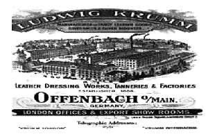 Ein Schwarz-Weiß-Bild eines Gebäudes mit dem Text "Ludwig Krumm Lederpflegewerke, Gerbereien & Fabriken, Offenbach, Deutschland" darauf.