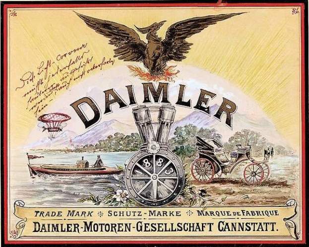 Plakat mit einer Kutsche, einem Boot auf dem Wasser, Bäumen, Bergen, einem Adler und der Aufschrift "daimler motor-motoren-gesellschaft cannstatt".