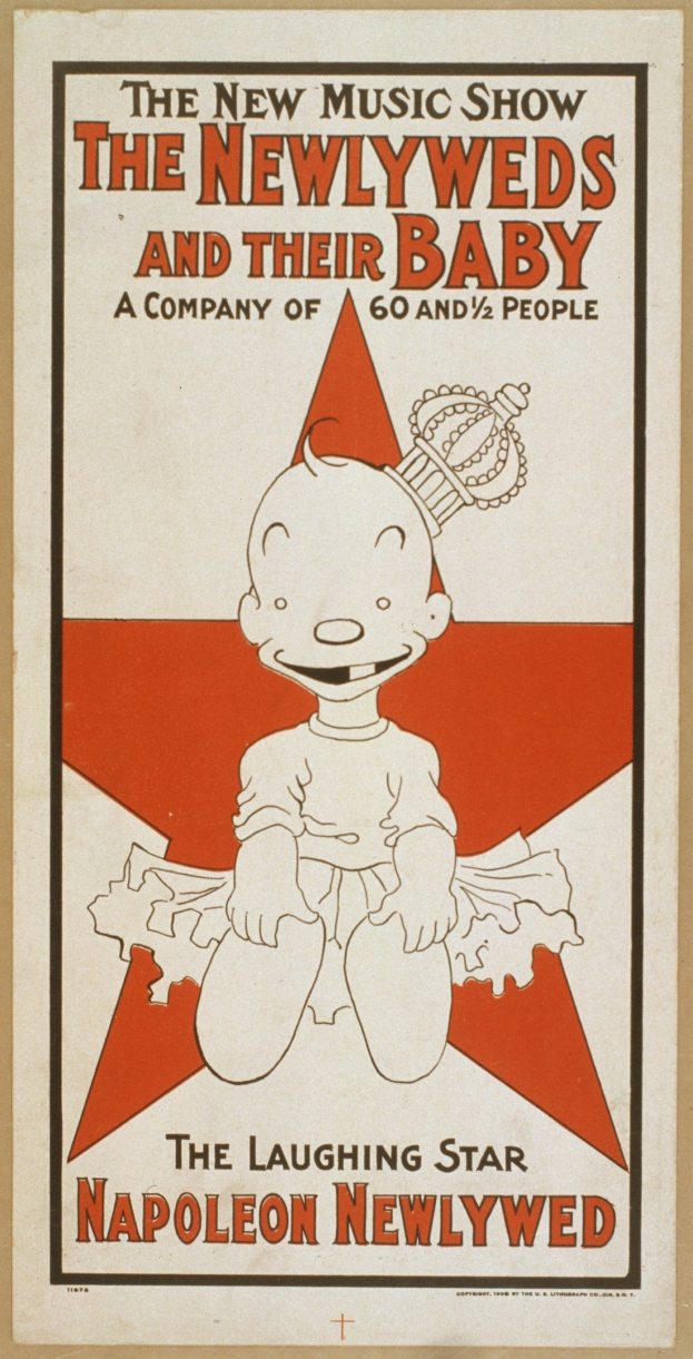 Plakat für "The New Music Show: Die Neuvermählten und ihr Baby" mit einer Cartoon-Baby in einem weißen Strampler mit einer pinken Schleife, das gegen einen hellblauen Hintergrund mit verstreuten Sternen und fetter schwarzer Schrift lächelt.