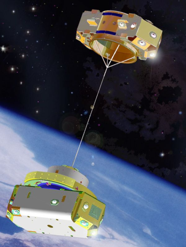 Eine Künstlerische Darstellung eines GPS-Satelliten in der Erdumlaufbahn, mit einem sternenübersäten Himmel im Hintergrund, der detaillierte Komponenten und Merkmale des Satelliten zeigt.