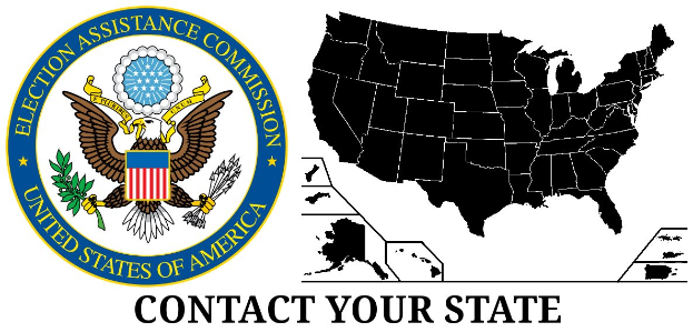 Eine Karte der Vereinigten Staaten mit dem Text "Kontaktieren Sie Ihren Staat" und dem Logo der Election Assistance Commission, das ein blaues Schild mit einem weißen Stern und einer Fahne mit dem Text "Election Assistance Commission" in Blau zeigt. Die Karte ist in verschiedenen Blautönen, Grün- und Gelbtönen gehalten.