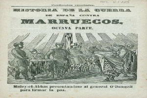Altes Buch mit dem Titel "Historia de la Guerra de España Contra Marruecos, Octava Parte", das eine historische Illustration von Menschen zeigt, die um einen Tisch versammelt sind.