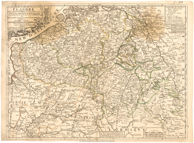 Ein altes Kartenbild des Königreichs Frankreich und Deutschland mit klaren Grenzen und Texten, die weitere Informationen über die Region bereitstellen.