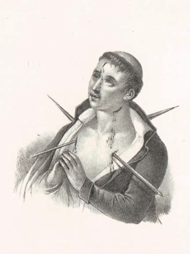 Eine Schwarz-Weiß-Zeichnung eines verzweifelten Mannes mit weit aufgerissenen Augen, leicht geöffnetem Mund und verzerrter Gesichtsausdruck, der ein Messer hält, mit zerlumpten Kleidern und zerzaustem Haar, vor einem weißen Hintergrund.