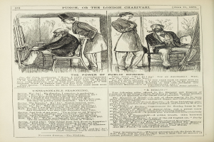 Eine Buchseite mit einer Zeichnung eines verzweifelten Mannes in Hut und einer Frau in Kleidung inmitten einer heftigen Diskussion, umgeben von Text und zusätzlichen Bildern.