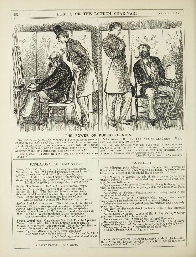 Eine Buchseite mit einer Zeichnung eines verzweifelten Mannes in Hut und einer Frau in Kleidung inmitten einer heftigen Diskussion, umgeben von Text und zusätzlichen Bildern.