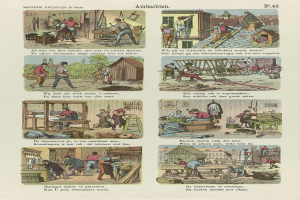 Schwarz-weiß-Illustrationen von Menschen bei der Arbeit in einer Schreinerwerkstatt, mit handgeschriebenen Text und Zahlen auf den umliegenden Seiten.