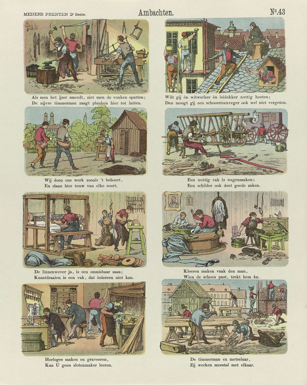 Schwarz-weiß-Illustrationen von Menschen bei der Arbeit in einer Schreinerwerkstatt, mit handgeschriebenen Text und Zahlen auf den umliegenden Seiten.