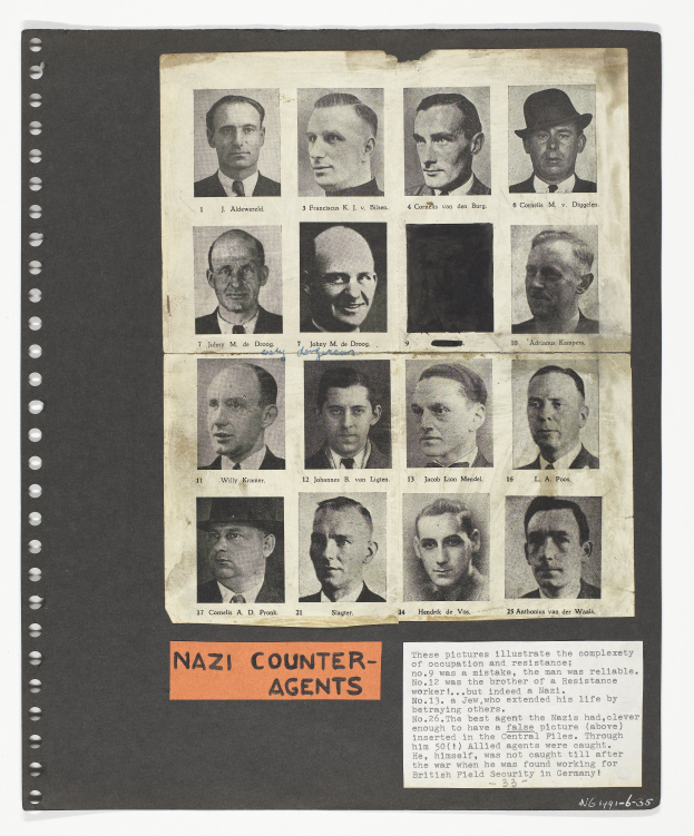 Ein Schwarz-Weiß-Foto eines Mannes im Anzug und Krawatte, mit dunklem, zurückgekämmtem Haar, der direkt in die Kamera schaut und einen ernsten Ausdruck hat, mit der Aufschrift 'Nazi-Gegenspionage' drauf.