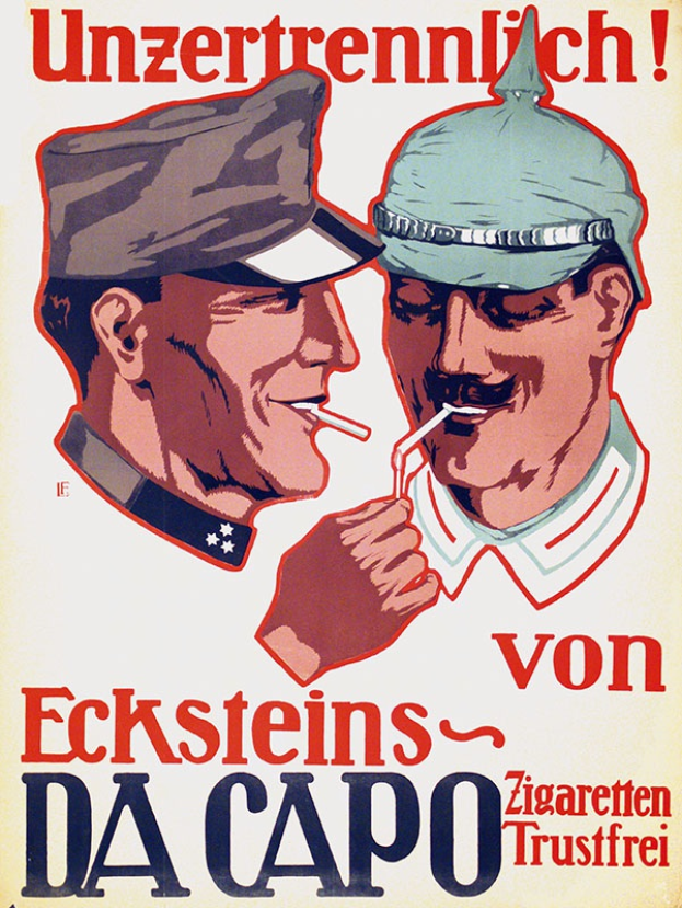 Ein deutsches Propagandaplakat mit zwei Männern in Mützen, die Zigaretten rauchen, mit Textinformationen über sie.