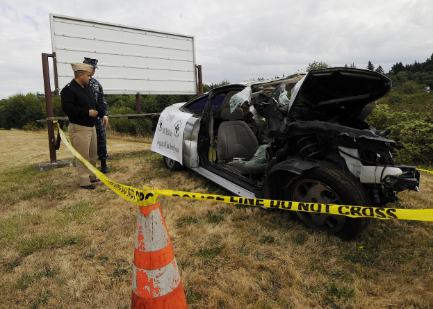 Ein Polizeibeamter in Uniform steht neben einem schwer beschädigten Auto am Straßenrand, mit eingedellter Motorhaube und zersplitterten Fenstern, neben einem Verkehrskegel und einem bandagierten Pfahl, mit Bäumen und einem bewölkten Himmel im Hintergrund.